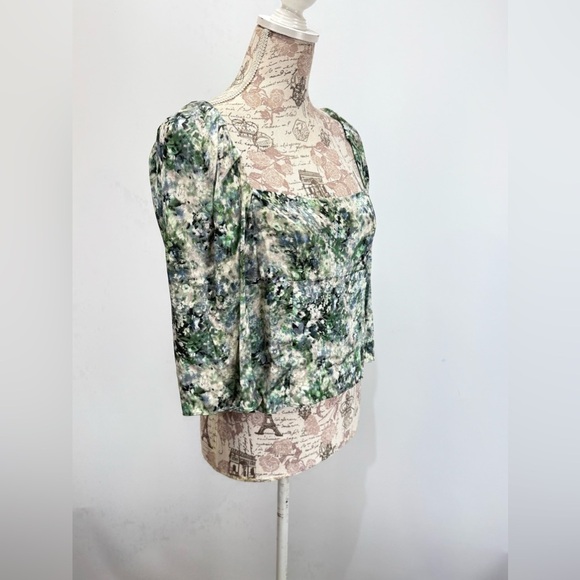 VINCE Green and blue floral print puff sleeve square neck top size 4 - Picture 9 of 15